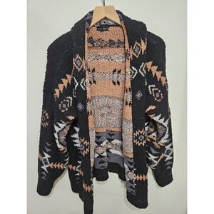 Blu Pepper Southwest Geometric Popcorn Knit Open Front Cardigan Black Tan B3FJ10